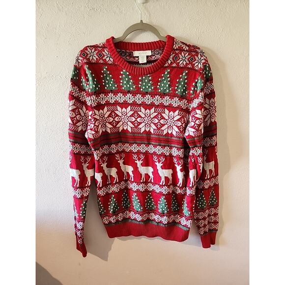Aspen Christmas Fair Isle Red Crew Neck Sweater Size Mens Medium - Picture 1 of 4